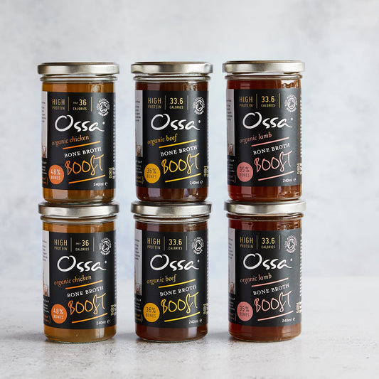 Ossa Free Range Chicken Bone Broth Boost, Grass Fed Beef Bone Broth Boost and Lamb Bone Broth Boost - Case of 6 x 515ML (Org)