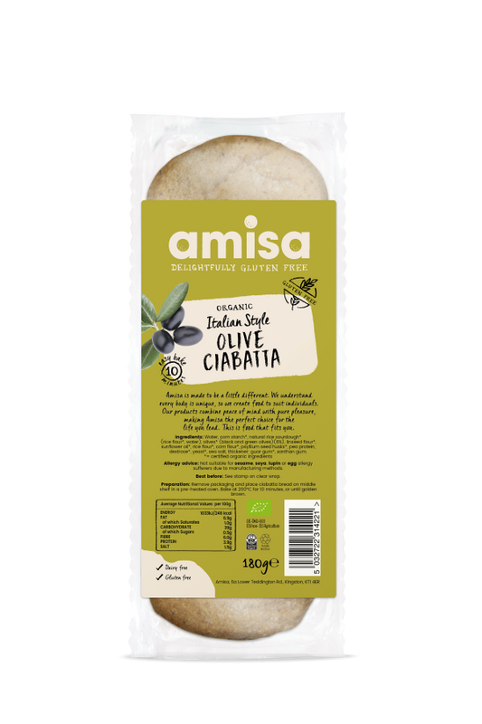 Amisa Organic Gluten Free Olive Ciabatta - Case of 8 x 180G