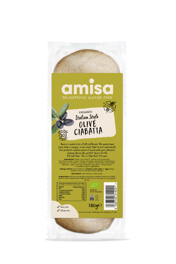 Amisa Gluten Free Olive Ciabatta - Case of 9 x 180G (Org)