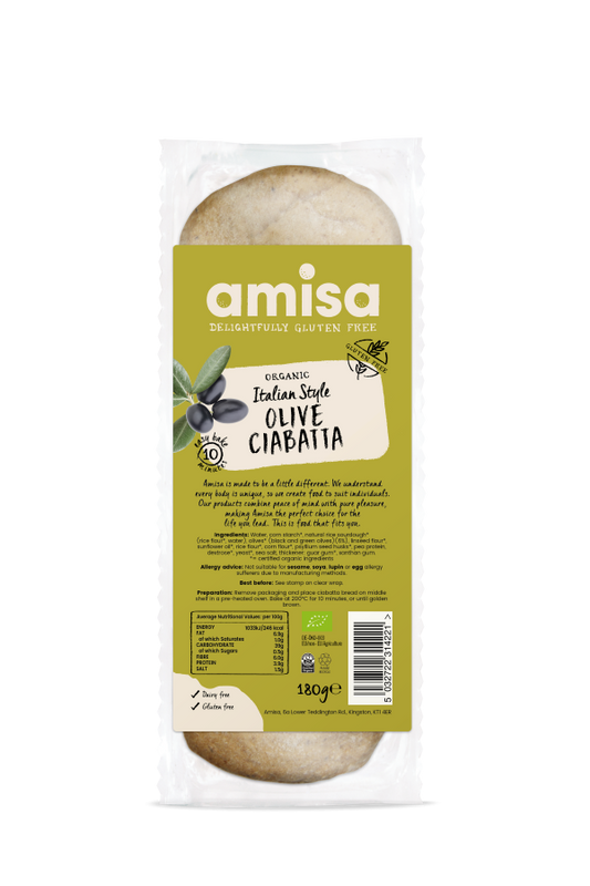 Amisa Gluten Free Olive Ciabatta - Case of 9 x 180G (Org)
