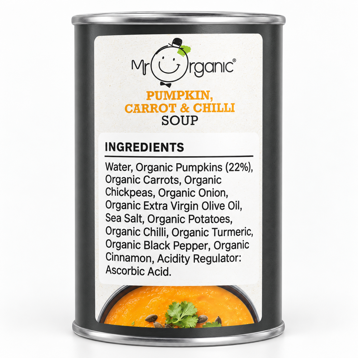 Mr Organic Pumpkin, Carrot & Chilli Soup - ingredients label
