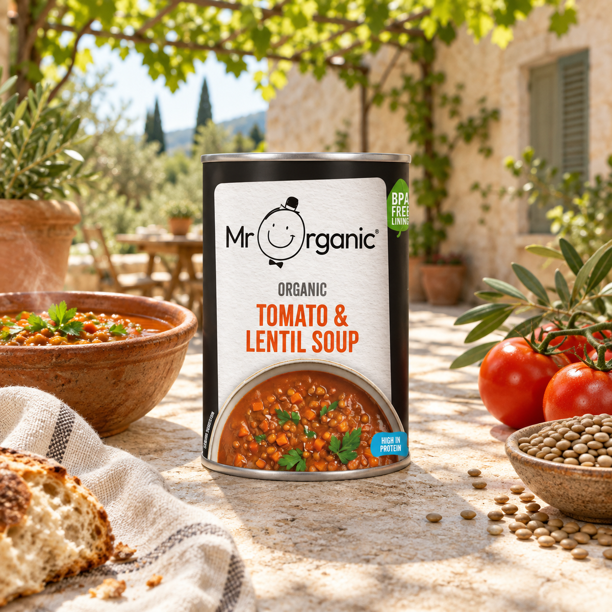Mr Organic Tomato & Lentil Soup - lifestyle shot