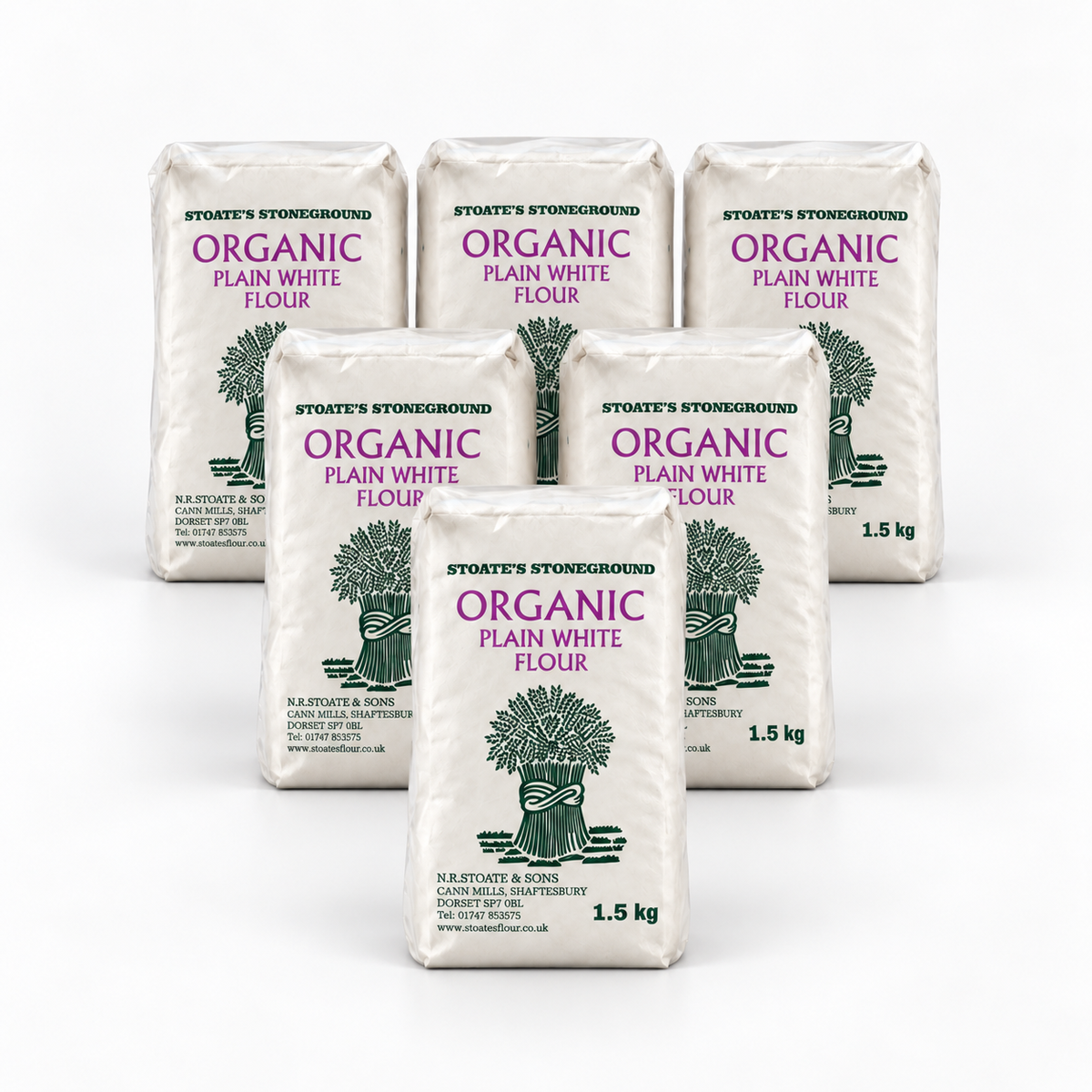 Stoate's Plain White Flour - Pack of 6 x 1.5KG - hero shot (pyramid stack, 2080x2080)