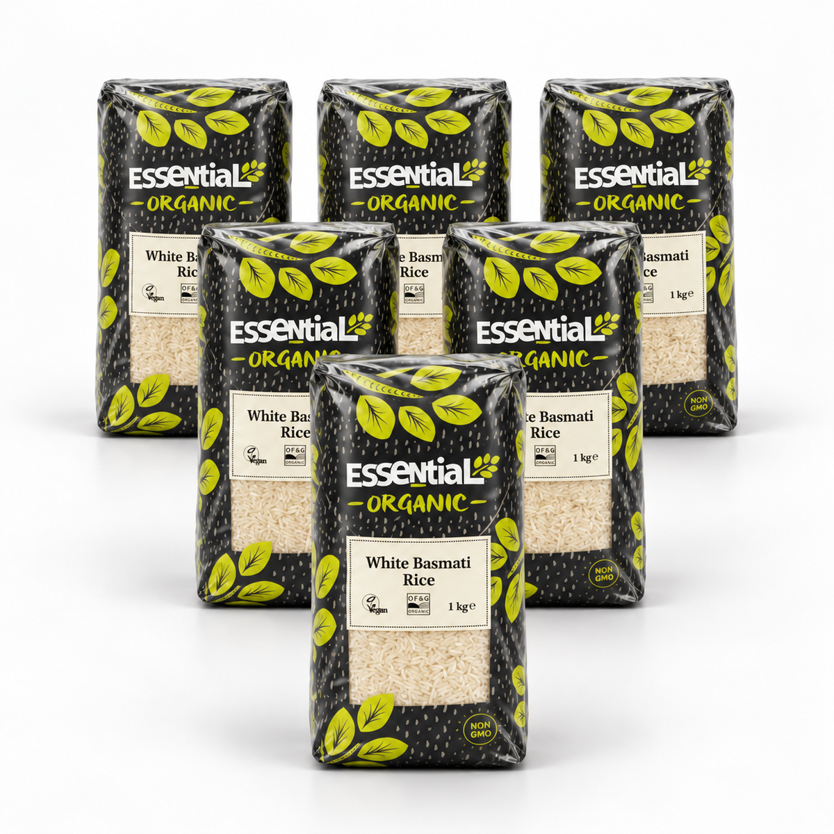 Essential Basmati White Rice - Case of 6 x 1KG - hero shot (pyramid stack, 2080x2080)