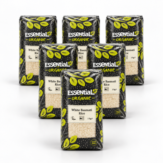 Essential Basmati White Rice - Case of 6 x 1KG - hero shot (pyramid stack, 2080x2080)
