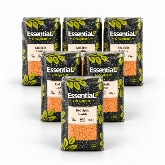 Essential Red Split Lentils - Case of 6 x 1KG - hero shot (pyramid stack, 2080x2080)