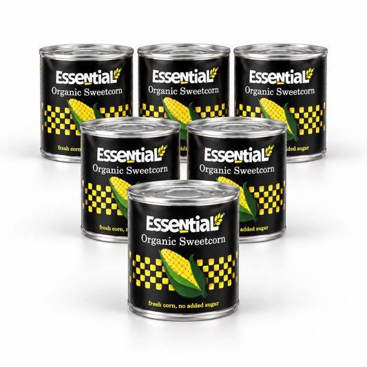 Essential Sweetcorn - Case of 6 x 340G - hero shot (pyramid stack, 2080x2080)