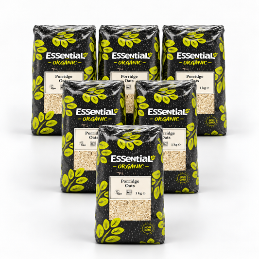 Essential Porridge Oats - Case of 6 x 1KG - hero shot (pyramid stack, 2080x2080)