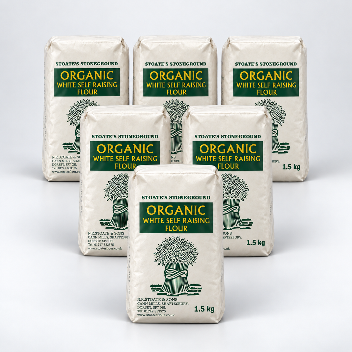 Stoate's Self-Raising White Flour - Pack of 6 x 1.5KG - hero shot (pyramid stack, 2080x2080)