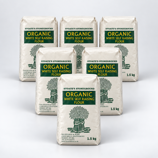 Stoate's Self-Raising White Flour - Pack of 6 x 1.5KG - hero shot (pyramid stack, 2080x2080)