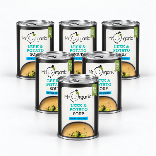 Mr Organic Leek & Potato Soup - Case of 6 x 400G - hero shot (pyramid stack, 2080x2080)