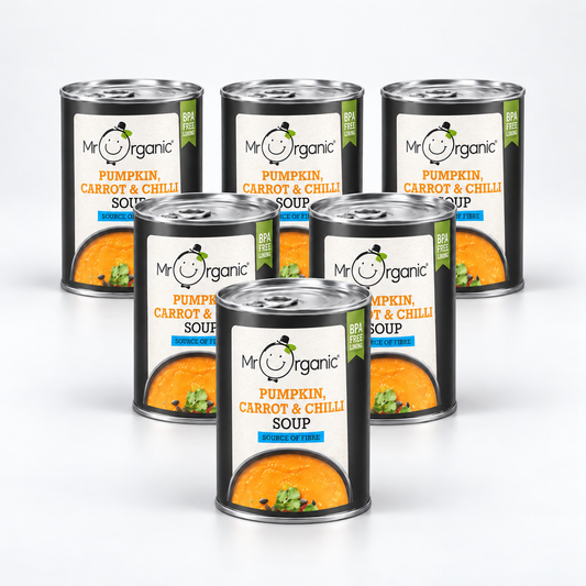 Mr Organic Pumpkin, Carrot & Chilli Soup - Case of 6 x 400G - hero shot (pyramid stack, 2080x2080)