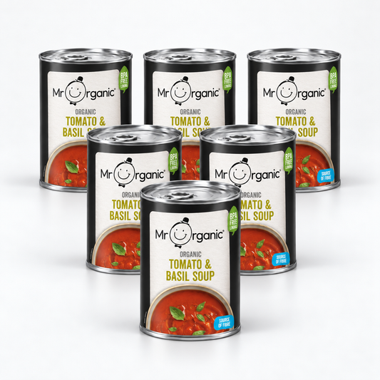 Mr Organic Tomato & Basil Soup - Case of 6 x 400G - hero shot (pyramid stack, 2080x2080)