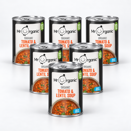 Mr Organic Tomato & Lentil Soup - Case of 6 x 400G - hero shot (pyramid stack, 2080x2080)