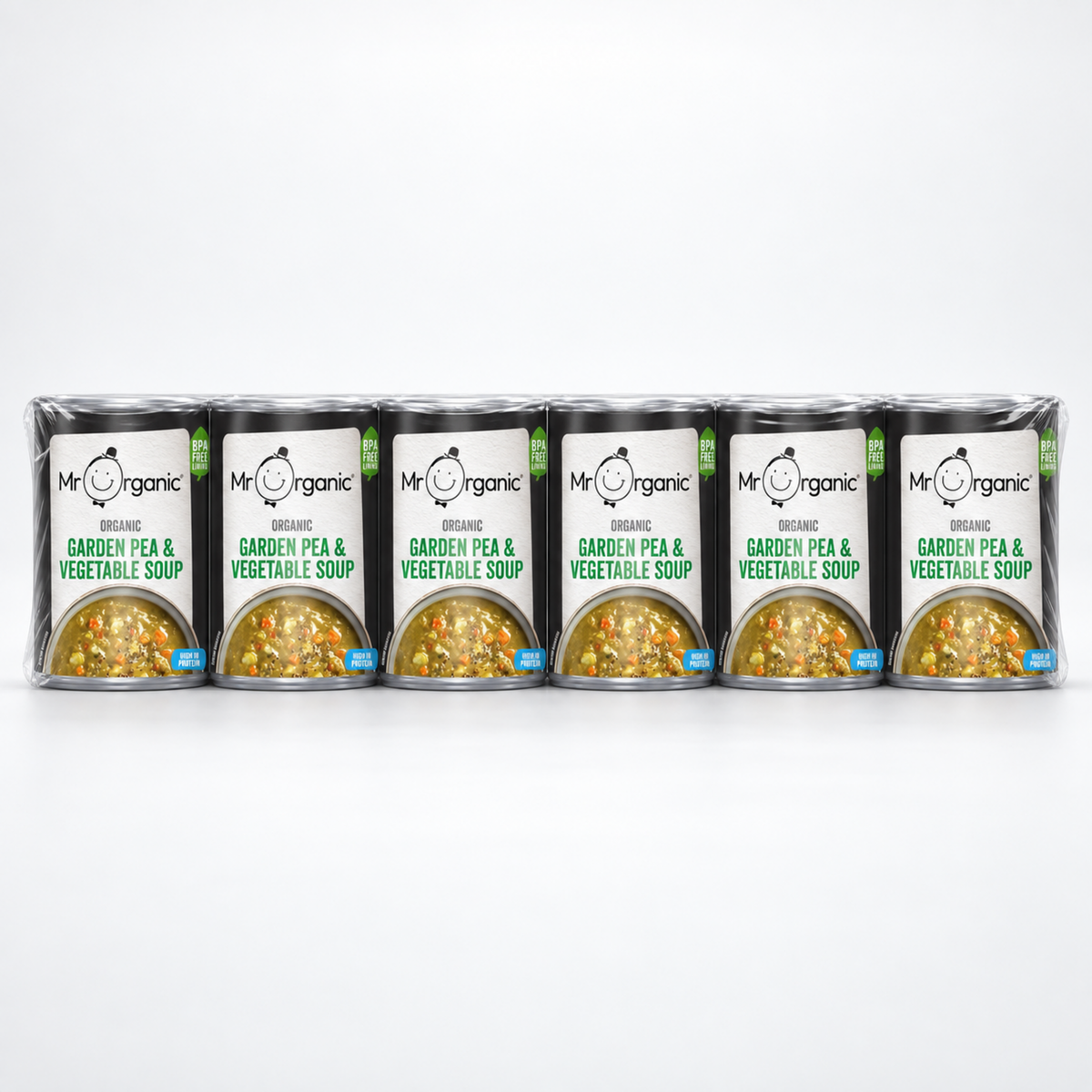 Mr Organic Garden Pea & Vegetable Soup - Case of 6 x 400G - case shot (single row of 6, 2080x2080)