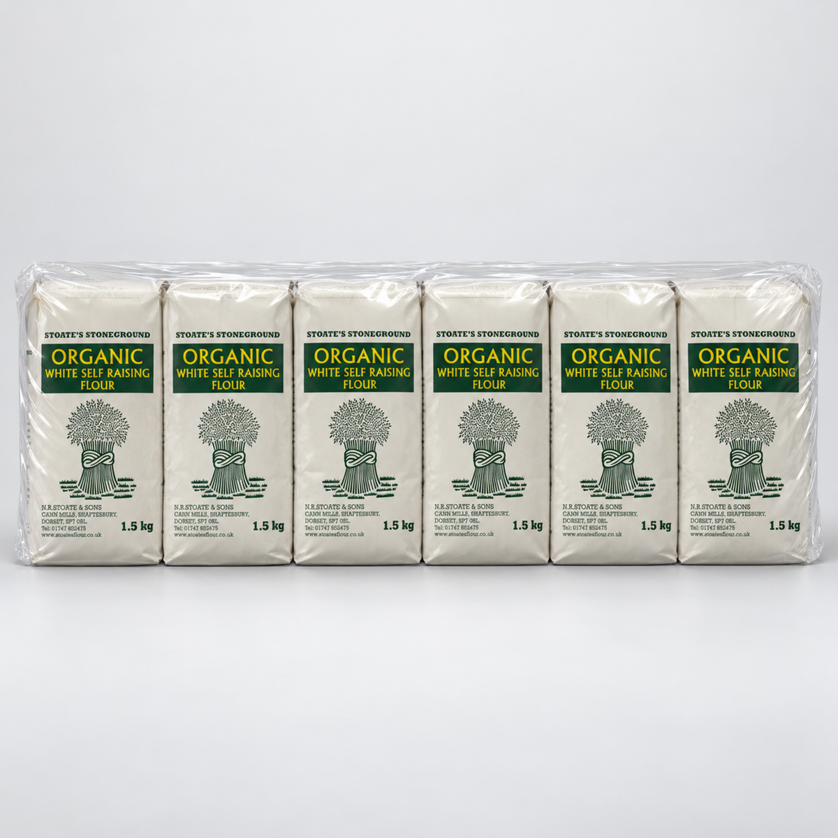 Stoate's Self-Raising Flour - Pack of 6 x 1.5KG - case shot (single row of 6, 2080x2080)