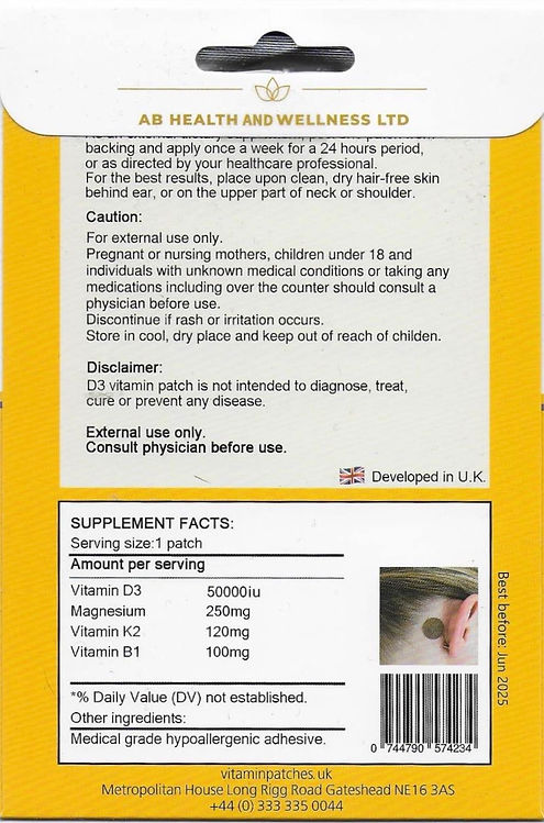 AB Health Vitamin D3, K2 and Magnesium Patch - 16 discs (Org)