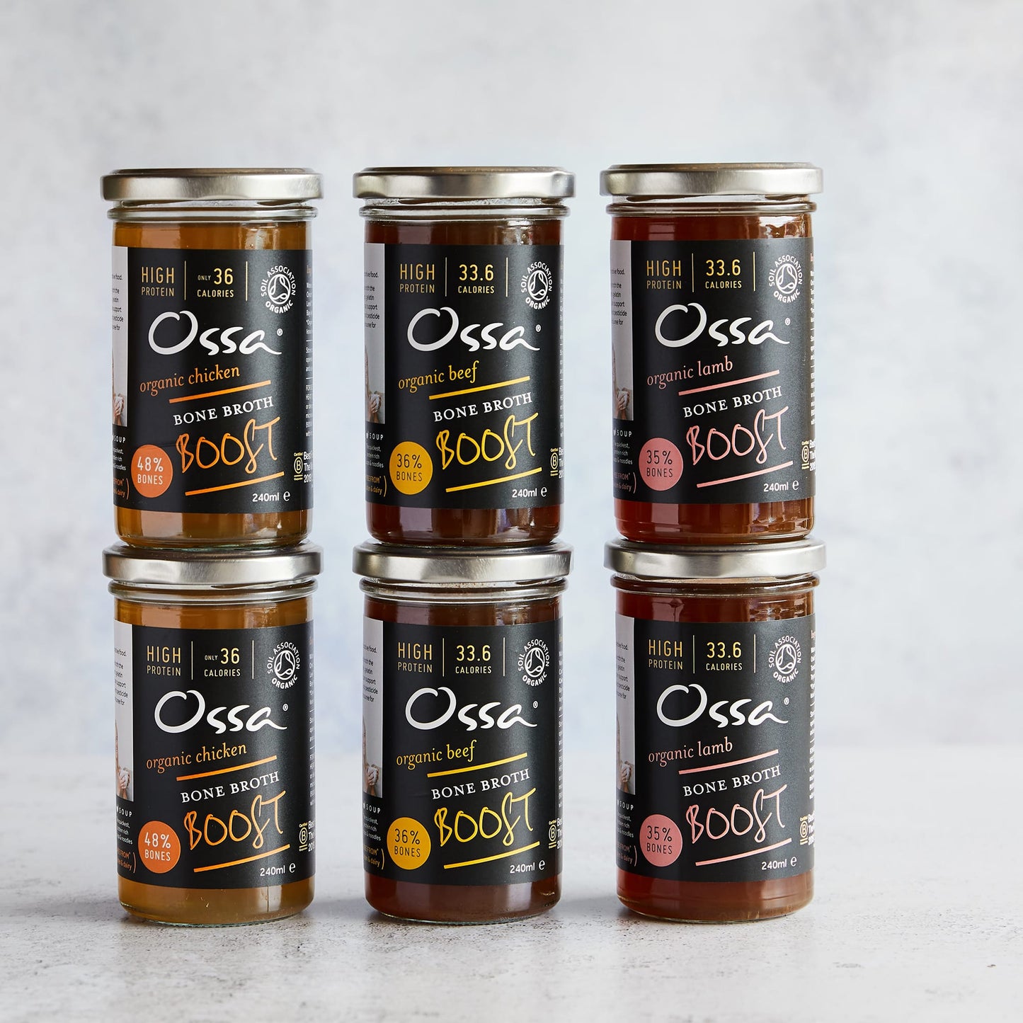 Ossa Free Range Chicken Bone Broth Boost, Grass Fed Beef Bone Broth Boost and Lamb Bone Broth Boost  - Case of 6 x 240ML