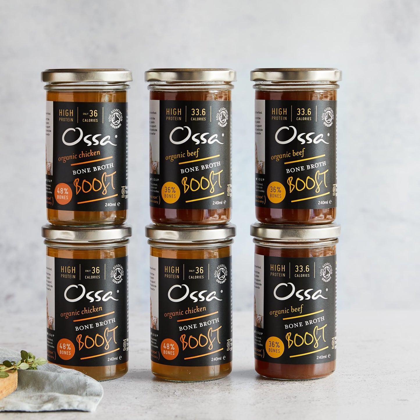 Ossa Free Range Chicken Bone Broth Boost and Grass Fed Beef Bone Broth Boost - Case of 6 x 240ML