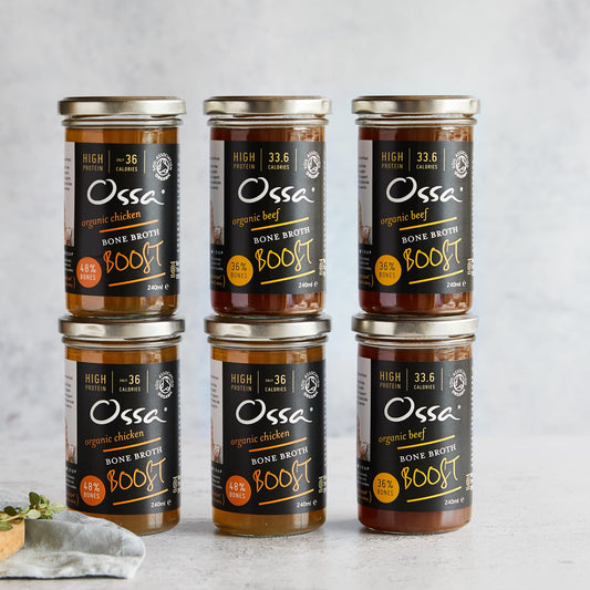 Ossa Free Range Chicken Bone Broth Boost and Grass Fed Beef Bone Broth Boost - Case of 6 x 240ML