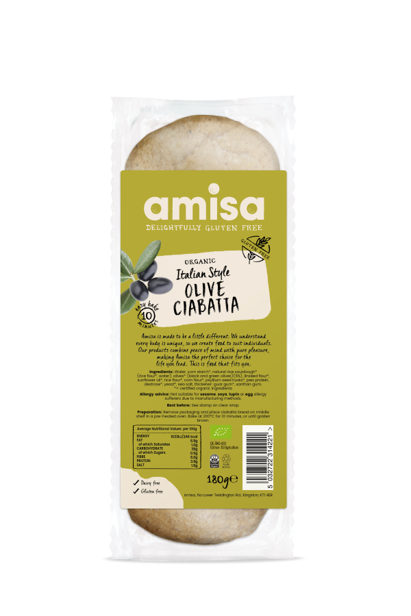 Amisa Organic Gluten Free Olive Ciabatta - Case of 8 x 180G